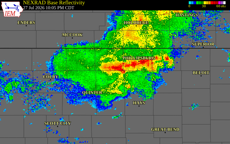 NEXRAD radar during the Monday, July 27, 2026 storm activity in Norton County, Kansas
