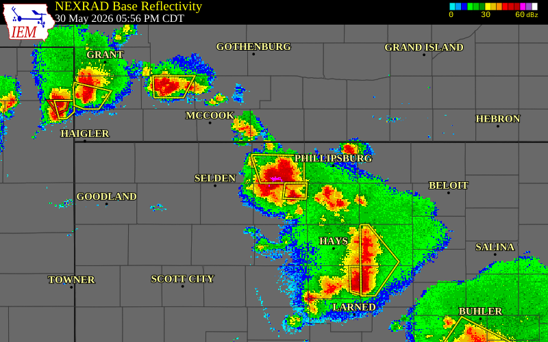 Radar snapshot during the May 30, 2026 wind event near 7 NNE Lenora, Norton County, Kansas, with NWS warning polygons