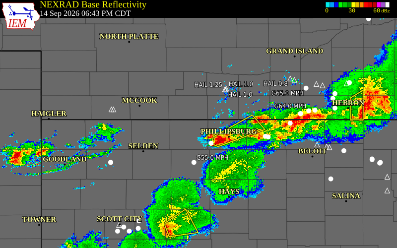 Current NEXRAD radar over Norton County, Kansas with recent storm report locations