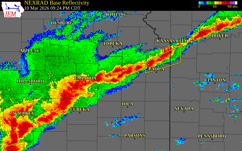 NEXRAD radar during the Tuesday, March 10, 2026 storm activity in Osage County, Kansas