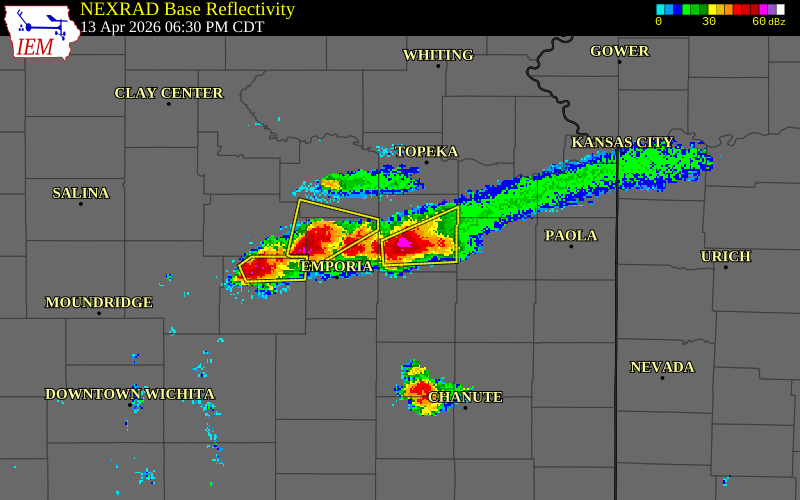 NEXRAD radar during the Monday, April 13, 2026 storm activity in Osage County, Kansas