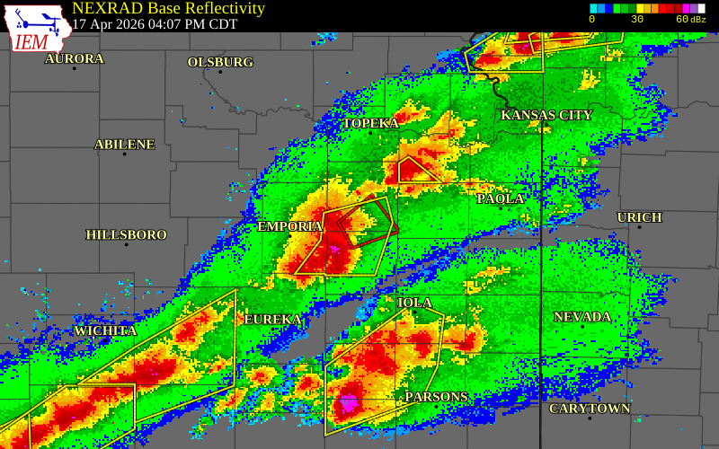 NEXRAD radar during the Friday, April 17, 2026 storm activity in Osage County, Kansas