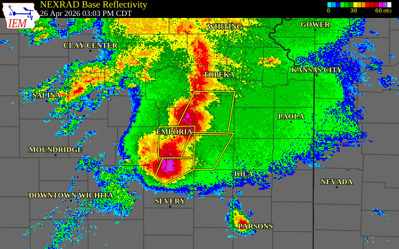 NEXRAD radar during the Sunday, April 26, 2026 storm activity in Osage County, Kansas