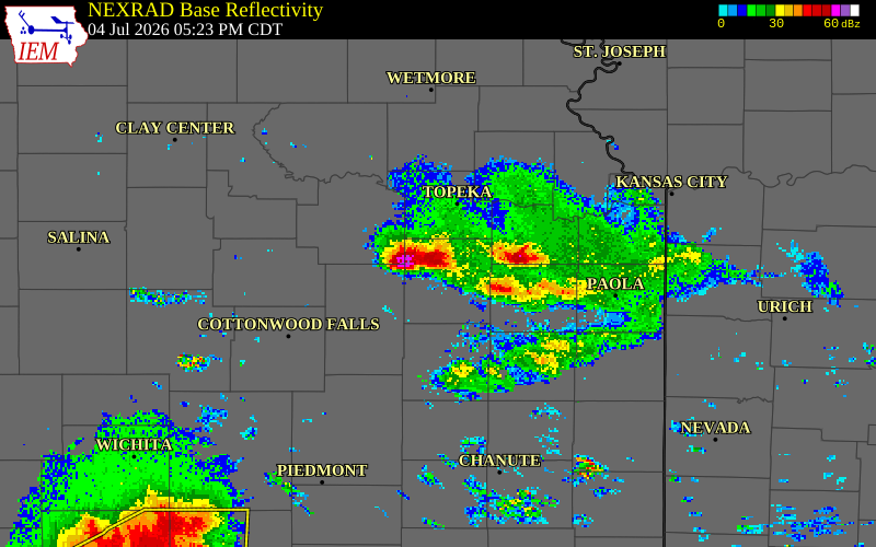 NEXRAD radar during the Saturday, July 4, 2026 storm activity in Osage County, Kansas