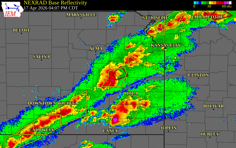 Radar snapshot during the Apr 17, 2026 tornado event near Olivet, Osage County, Kansas, with NWS warning polygons