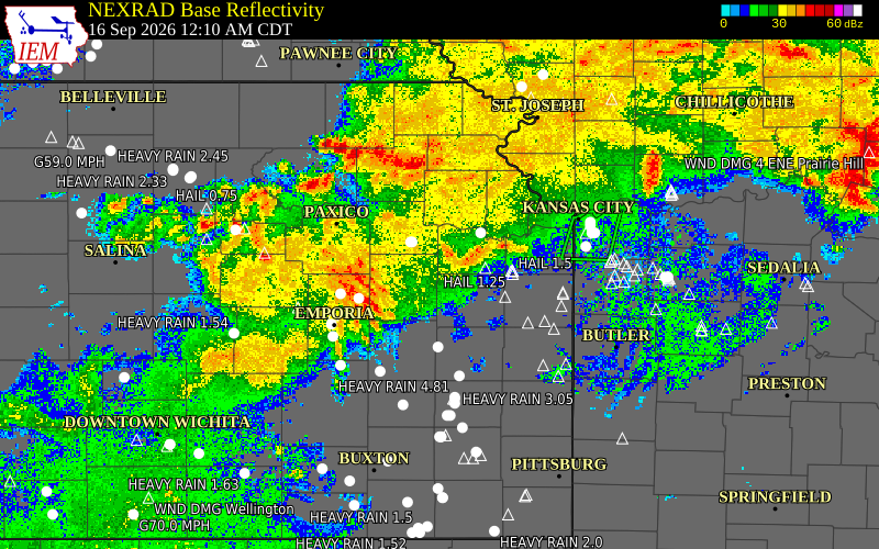 Current NEXRAD radar over Osage County, Kansas with recent storm report locations