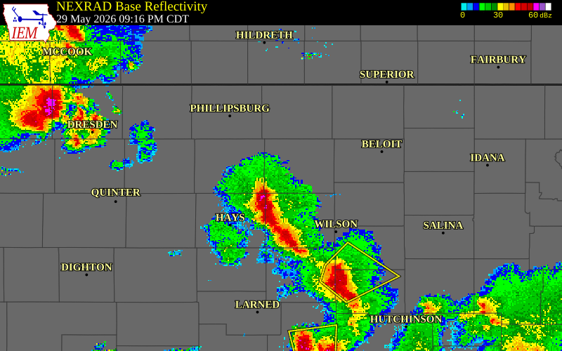 NEXRAD radar during the Friday, May 29, 2026 storm activity in Osborne County, Kansas