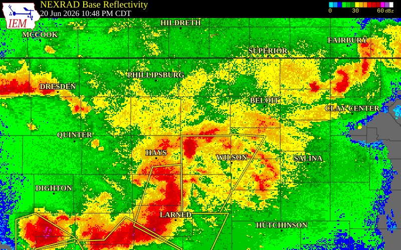 NEXRAD radar during the Saturday, June 20, 2026 storm activity in Osborne County, Kansas