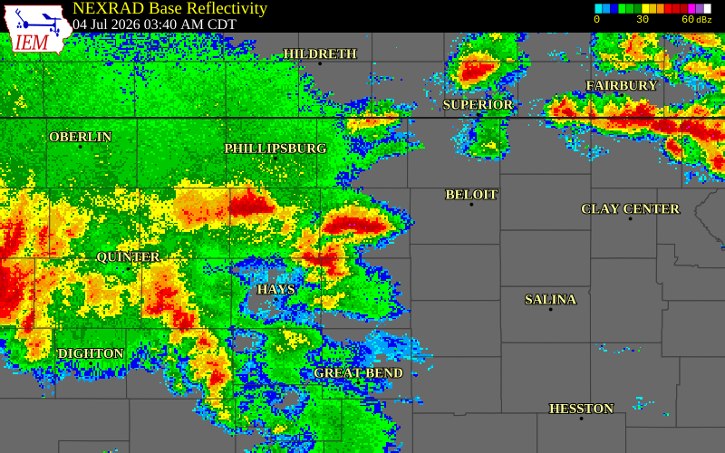 NEXRAD radar during the Saturday, July 4, 2026 storm activity in Osborne County, Kansas