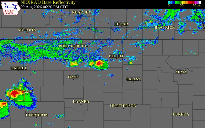 Radar snapshot during the Aug 9, 2026 wind event near Osborne County, Osborne County, Kansas, with NWS warning polygons
