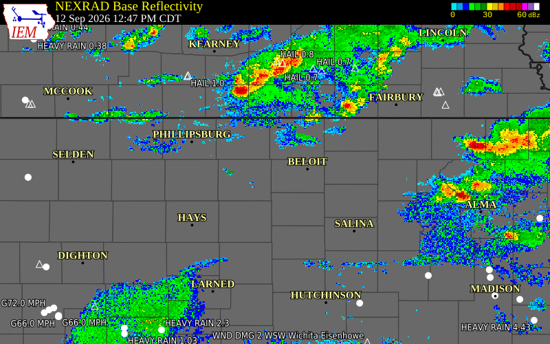 Current NEXRAD radar over Osborne County, Kansas with recent storm report locations