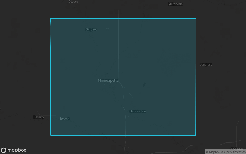 Map of Ottawa County, Kansas showing the county boundary and surrounding cities