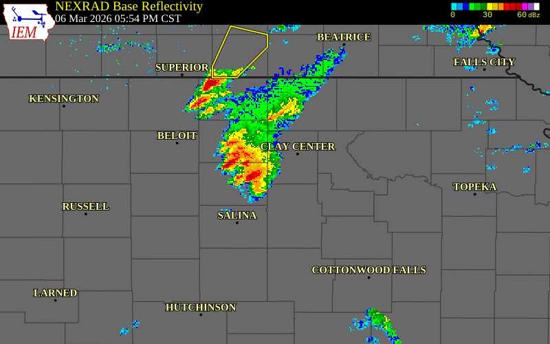 NEXRAD radar during the Friday, March 6, 2026 storm activity in Ottawa County, Kansas
