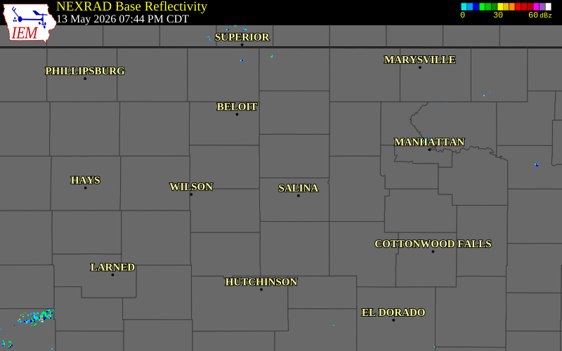 NEXRAD radar during the Wednesday, May 13, 2026 storm activity in Ottawa County, Kansas