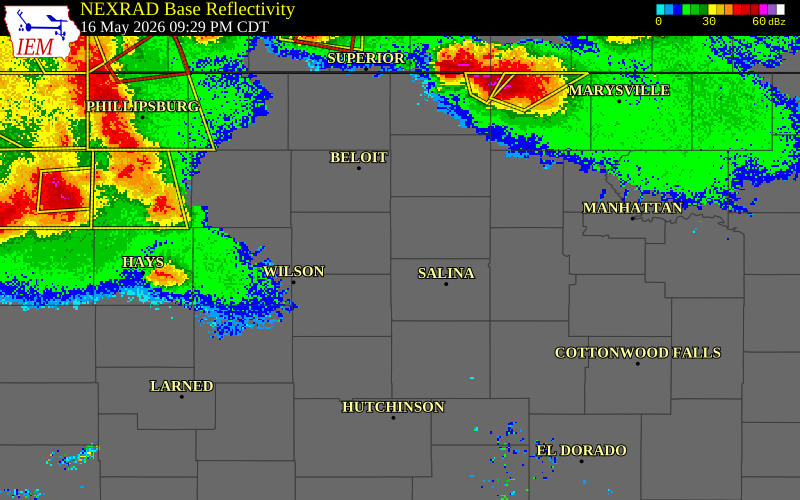 NEXRAD radar during the Saturday, May 16, 2026 storm activity in Ottawa County, Kansas