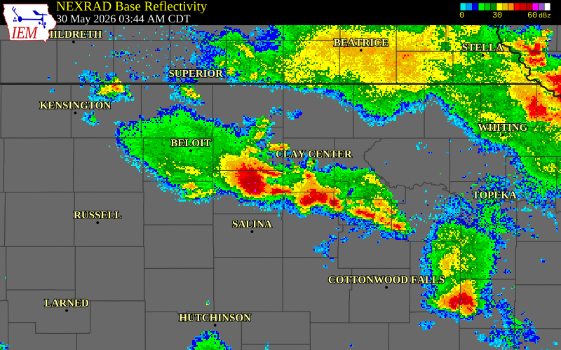 NEXRAD radar during the Saturday, May 30, 2026 storm activity in Ottawa County, Kansas