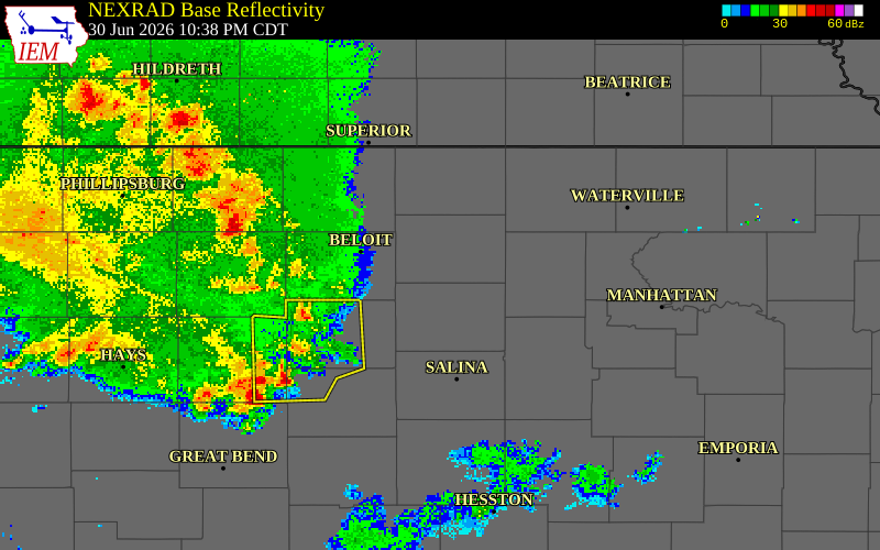 NEXRAD radar during the Tuesday, June 30, 2026 storm activity in Ottawa County, Kansas