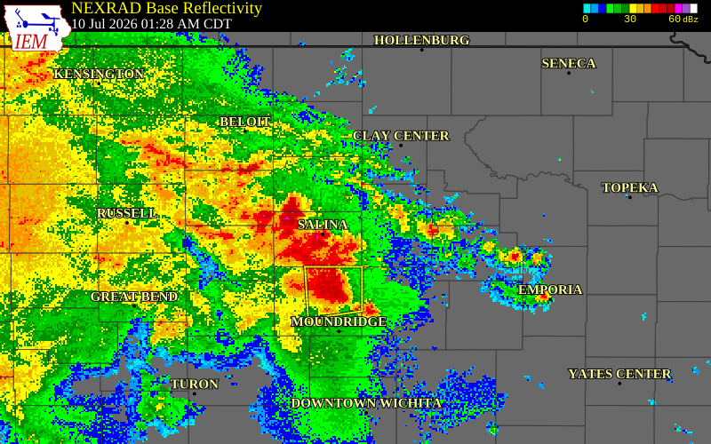 NEXRAD radar during the Friday, July 10, 2026 storm activity in Ottawa County, Kansas