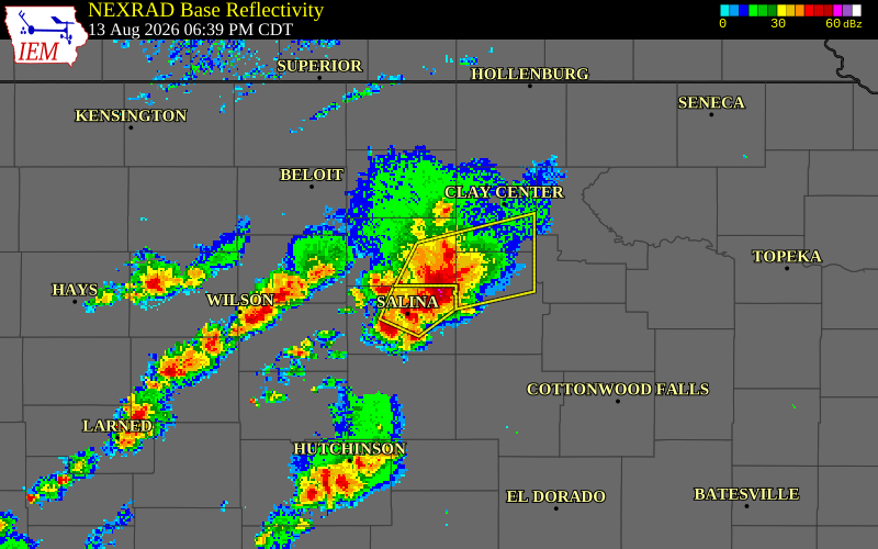 NEXRAD radar during the Thursday, August 13, 2026 storm activity in Ottawa County, Kansas