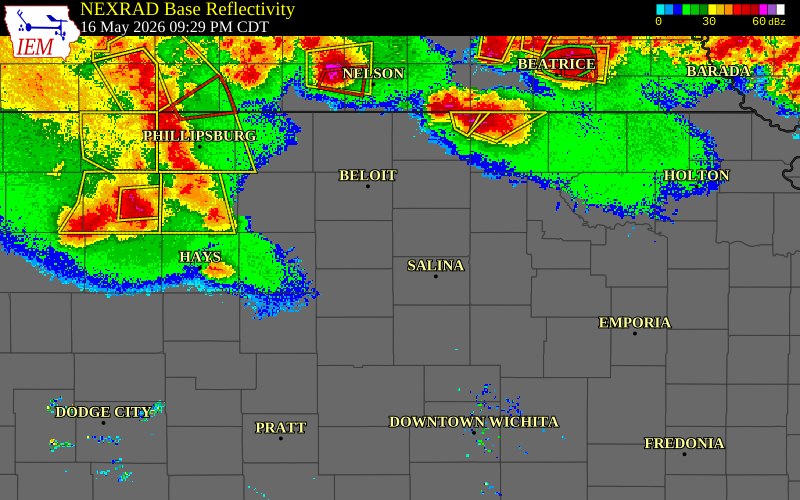 Radar snapshot during the May 16, 2026 hail event near Tescott, Ottawa County, Kansas, with NWS warning polygons