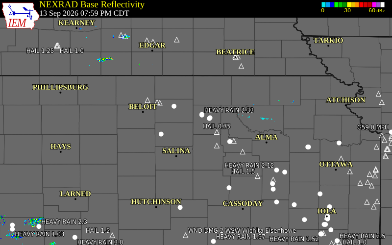 Current NEXRAD radar over Ottawa County, Kansas with recent storm report locations