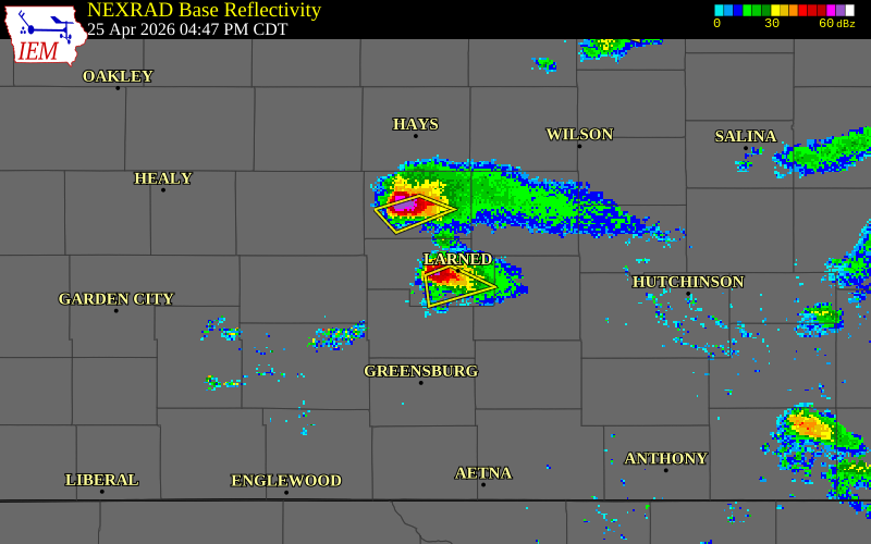 NEXRAD radar during the Saturday, April 25, 2026 storm activity in Pawnee County, Kansas