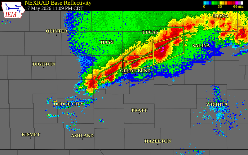 NEXRAD radar during the Sunday, May 17, 2026 storm activity in Pawnee County, Kansas