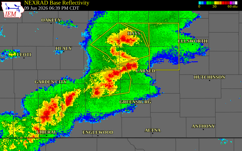 NEXRAD radar during the Tuesday, June 9, 2026 storm activity in Pawnee County, Kansas