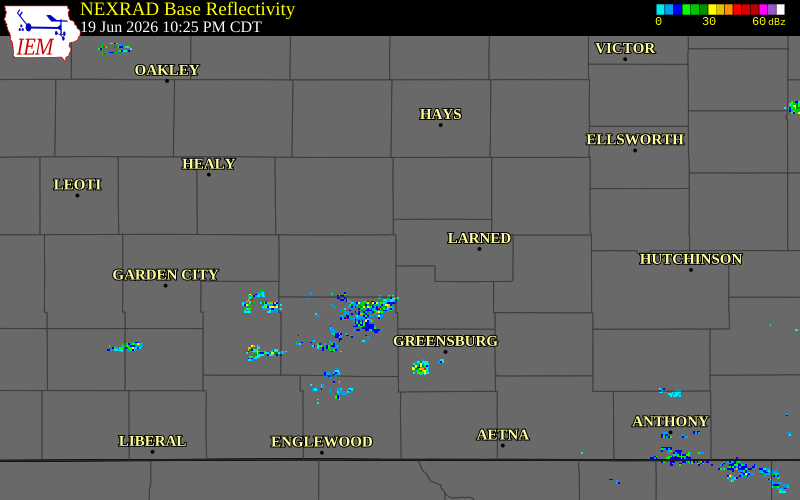 NEXRAD radar during the Friday, June 19, 2026 storm activity in Pawnee County, Kansas