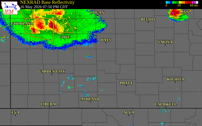 Radar snapshot during the May 16, 2026 hail event near 8 NNW Rozel, Pawnee County, Kansas, with NWS warning polygons