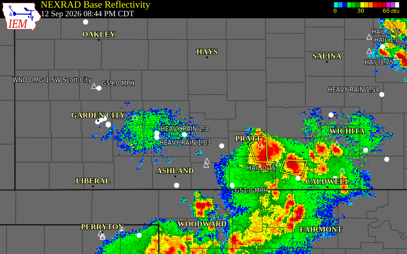 Current NEXRAD radar over Pawnee County, Kansas with recent storm report locations