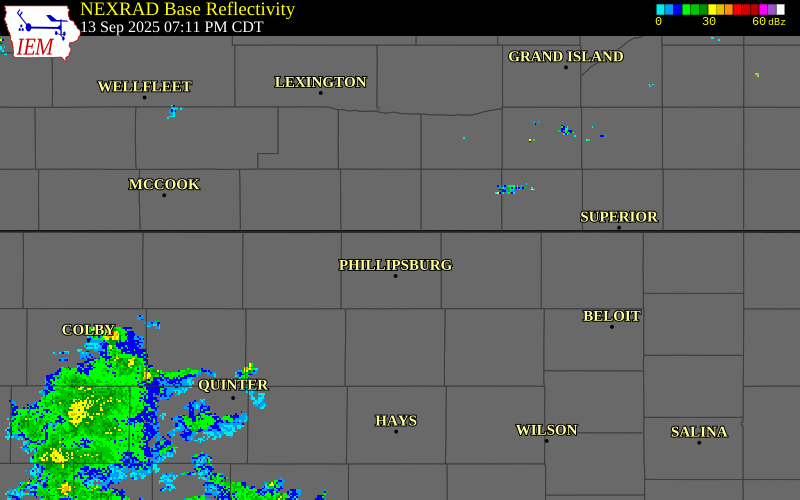 NEXRAD radar during the Saturday, September 13, 2025 storm activity in Phillips County, Kansas
