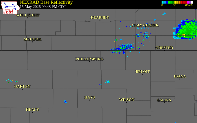 NEXRAD radar during the Friday, May 15, 2026 storm activity in Phillips County, Kansas