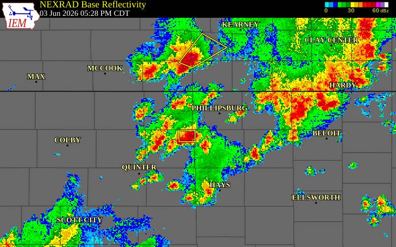 NEXRAD radar during the Wednesday, June 3, 2026 storm activity in Phillips County, Kansas