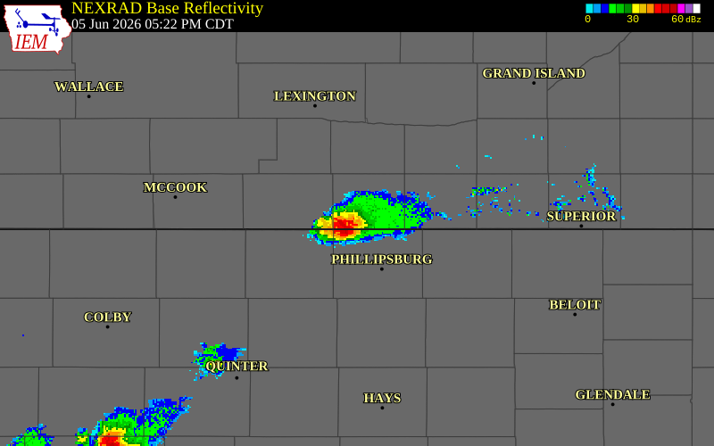 NEXRAD radar during the Friday, June 5, 2026 storm activity in Phillips County, Kansas
