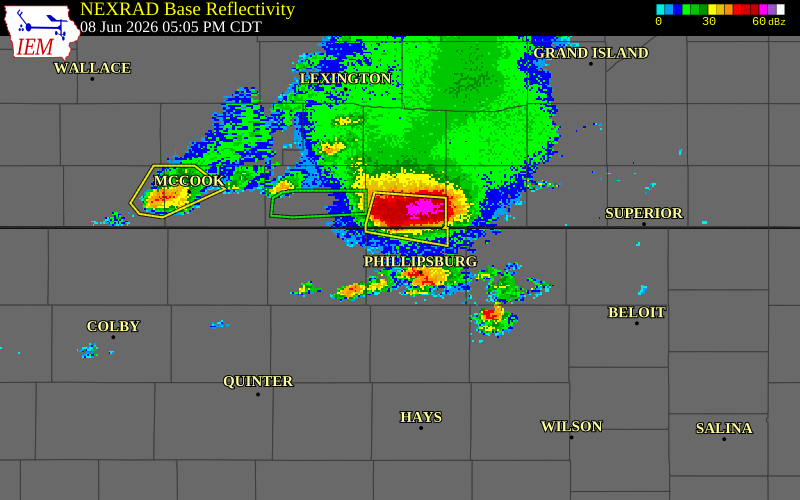 NEXRAD radar during the Monday, June 8, 2026 storm activity in Phillips County, Kansas