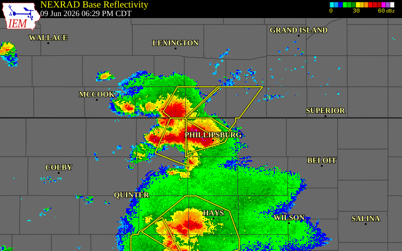 NEXRAD radar during the Tuesday, June 9, 2026 storm activity in Phillips County, Kansas