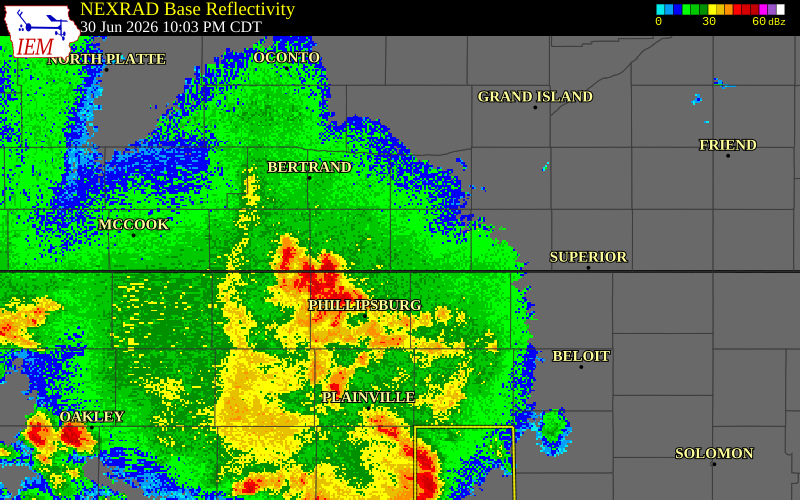 NEXRAD radar during the Tuesday, June 30, 2026 storm activity in Phillips County, Kansas