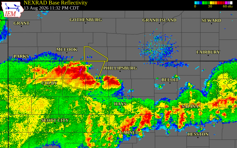 Radar snapshot during the Sep 13, 2025 hail event near 9 SE Woodruff, Phillips County, Kansas, with NWS warning polygons