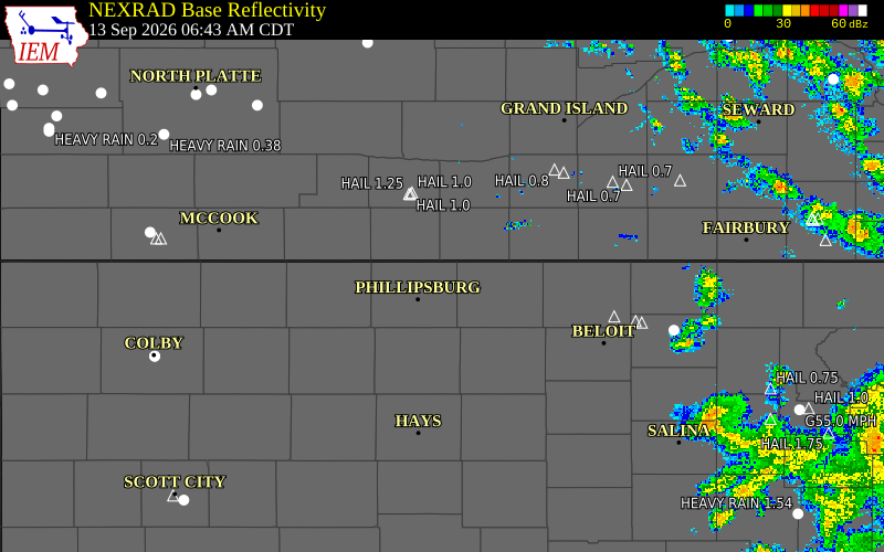 Current NEXRAD radar over Phillips County, Kansas with recent storm report locations