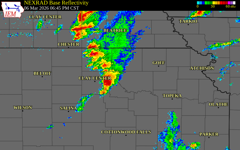 NEXRAD radar during the Friday, March 6, 2026 storm activity in Pottawatomie County, Kansas