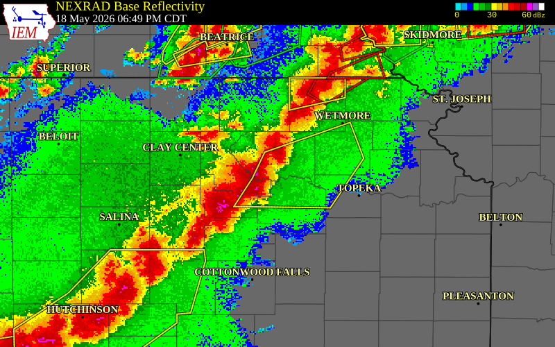 NEXRAD radar during the Monday, May 18, 2026 storm activity in Pottawatomie County, Kansas