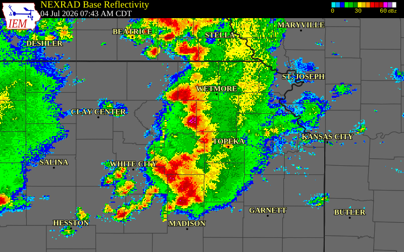 NEXRAD radar during the Saturday, July 4, 2026 storm activity in Pottawatomie County, Kansas