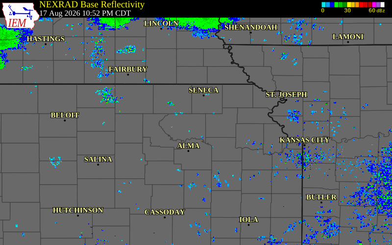 Radar snapshot during the May 18, 2026 wind event near 2 SW Louisville, Pottawatomie County, Kansas, with NWS warning polygons