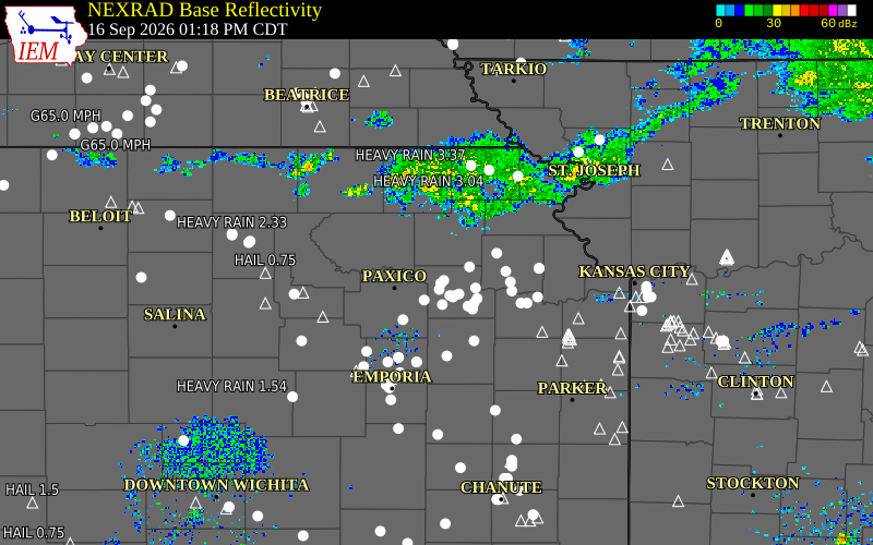 Current NEXRAD radar over Pottawatomie County, Kansas with recent storm report locations
