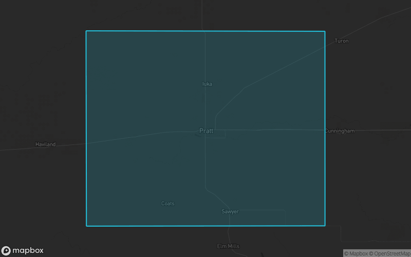 Map of Pratt County, Kansas showing the county boundary and surrounding cities