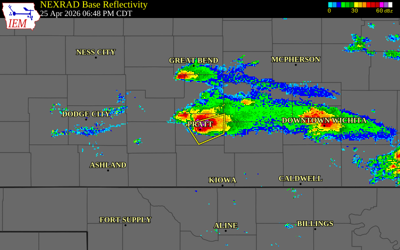 NEXRAD radar during the Saturday, April 25, 2026 storm activity in Pratt County, Kansas