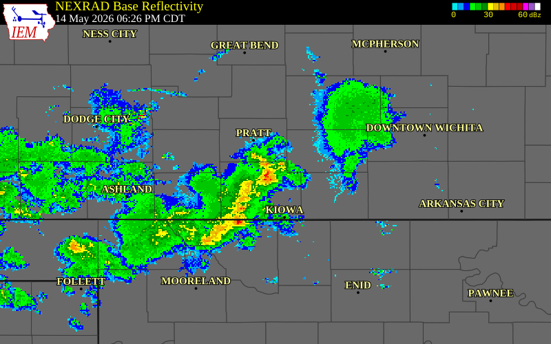 NEXRAD radar during the Thursday, May 14, 2026 storm activity in Pratt County, Kansas