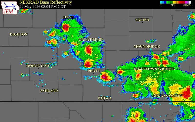 NEXRAD radar during the Friday, May 29, 2026 storm activity in Pratt County, Kansas