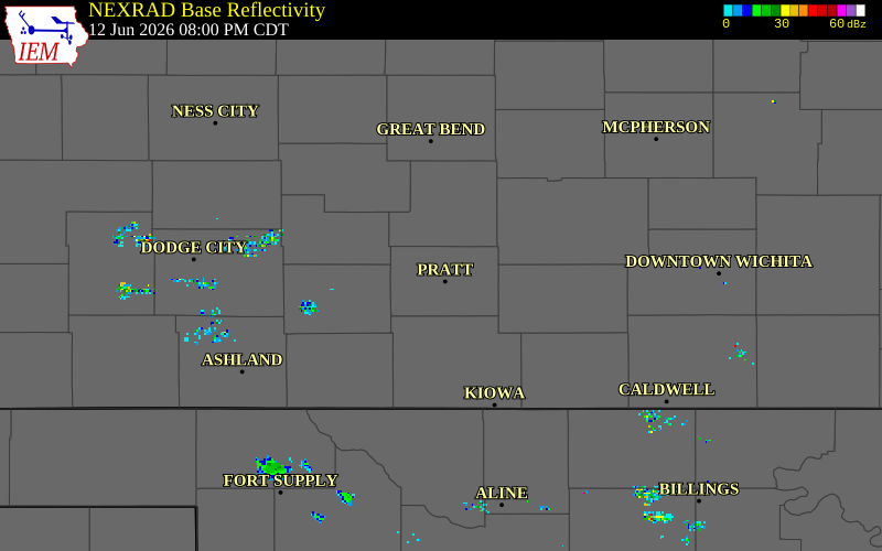 NEXRAD radar during the Friday, June 12, 2026 storm activity in Pratt County, Kansas